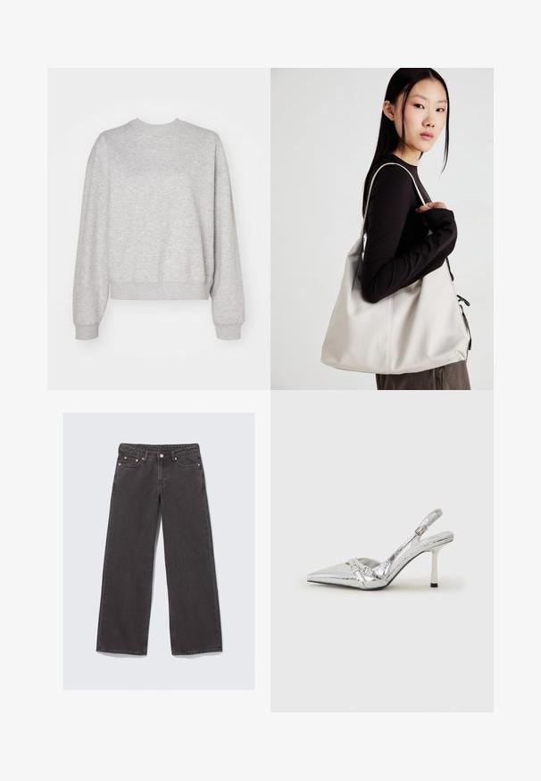 Felpa grigia chiara con collo girocollo classico, spalle scese e polsini e orlo a costine. Texture morbida e vestibilità rilassata.; Jeans a gamba larga realizzati in denim grigio scuro. Caratteristiche includono una vita alta, accessori in rame e un classico design a cinque tasche.; Scarpe con tacco alto slingback argento con punta affusolata, finitura metallica, due cinturini decorativi e un tacco sottile con punta nera.; Borsa a mano beige realizzata in materiale morbido, caratterizzata da un design morbido, dettagli cuciti e due manici. Adatta per l'uso quotidiano.