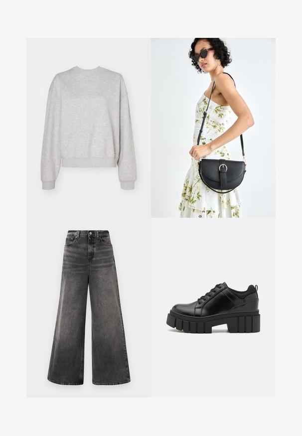 Sweatshirt gris clair avec un col rond classique, des épaules tombantes et des poignets et un ourlet côtelés. Texture douce et coupe décontractée.; Jean en denim noir à jambes larges avec un effet dégradé, design à cinq poches et fermeture à bouton à la taille, avec des accents cousus.; Chaussures à plateforme en cuir noir avec un talon bloc épais, bout rond et un design traditionnel à lacets. Elles présentent une texture lisse et un détail minimal.; Sac à main en cuir noir avec une forme courbée, bandoulière amovible et des accessoires en or. Le sac est doté d'un rabat avec un détail de boucle.