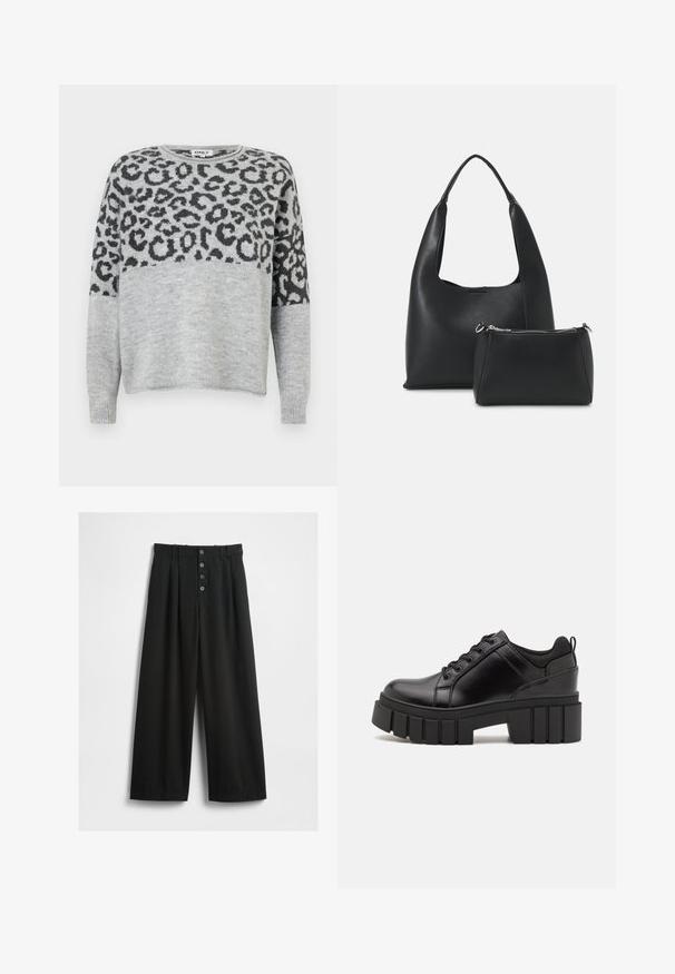 Pelēks džemperis ar tumši pelēkas leopardu rakstu. Tam ir apaļš kakla izgriezums un garas piedurknes, izgatavots no mīkstas, teksturētas auduma.; Platas kājas melni bikses, izgatavotas no teksturēta auduma. Iezīmēts augsts viduklis, piecu pogu priekšpusē ar aizdari, un nospiesti pleci papildu detaļai.; Melnas ādas platformas kurpes ar masīvu bloku papēdi, apaļu purngalu un tradicionālu saistīšanas dizainu. Izceļas ar gludu tekstūru un minimālu apdari.; Even&Odd Rokassoma - black