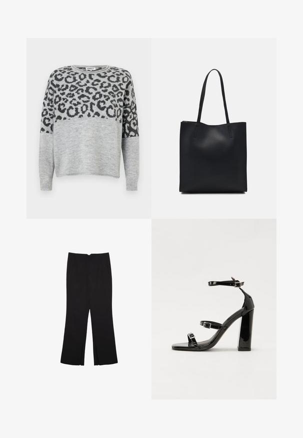 Šedý sveter s leopardím vzorom v tmavošedej farbe. Má okrúhly výstrih a dlhé rukávy, vyrobený z mäkkého, textúrovaného materiálu.; Čierne nohavice so strihom rovného strihu, s prednými vreckami a bočnými rozparkami na leme. Vyrobené z mäkkej, hladkej tkaniny. Vhodné na rôzne príležitosti.; Čierne lakované sandále na podpätku so štvorcovou špičkou, navlečenými remienkami okolo členku a striebornými prackami. Disponujú masívnym blokovým podpätkom pre stabilitu.; Čierna kožená taška na rameno s hladkým povrchom, obdĺžnikovým tvarom a dvoma dlhými uchami. Bez viditeľného kovania alebo ozdôb.