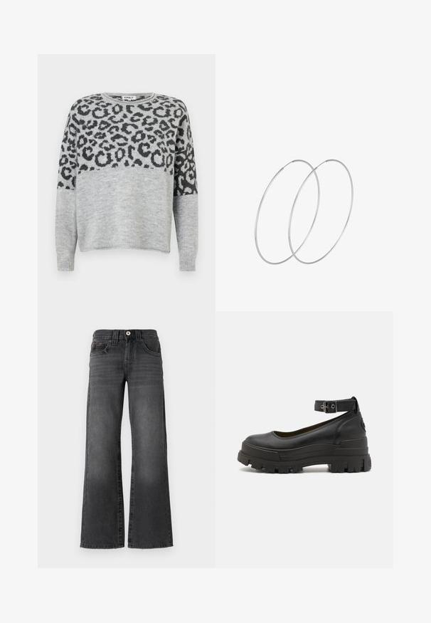 Szary sweter z nadrukiem w leopardzie w ciemnoszarym kolorze. Posiada okrągły dekolt i długie rękawy, wykonany z miękkiego, teksturowanego materiału.; Spodnie dżinsowe o szerokich nogawkach w ciemnoszarym denimie. Posiadają pięć kieszeni, zapięcie na guzik oraz subtelne przetarcia na materiale. Klasyczne wykończenia szwów.; Buffalo ASPHA czarny; Srebrne kolczyki w formie obręczy o minimalistycznym designie. Okrągły kształt, gładka faktura i cienki profil. Lekkie, z polerowanym wykończeniem.