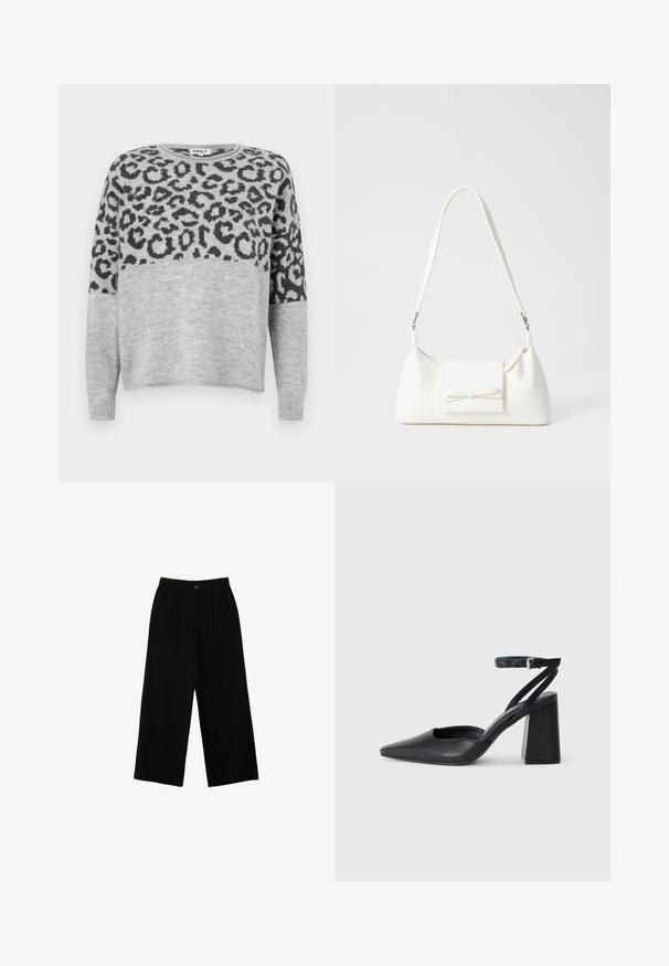 Gray sweater with a leopard print design in dark gray. Features a round neckline and long sleeves, constructed from a soft, textured material.; Black wide-leg trousers made from a smooth material, featuring a high waist, front pleats, and a single top button closure.; Black leather pointy-toe pump with an ankle strap and a chunky heel. Flat texture, sleek design, and minimalistic aesthetics.; White synthetic handbag with a triangular shape, flat front flap and bow detail, adjustable strap, smooth texture, and minimalistic design.