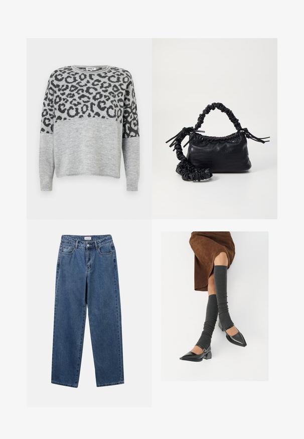 Maglione grigio con un design a stampa leopardata in grigio scuro. Caratterizzato da un collo tondo e maniche lunghe, realizzato in un materiale morbido e texturizzato.; Jeans in denim blu classico con design a gamba dritta, cinque tasche e chiusura con bottone. Presentano un lavaggio medio e una trama robusta.; Scarpe nere in pelle verniciata con punta affilata, tacco a blocco e cinturino alla caviglia, abbinate a scaldamuscoli grigi a coste e una gonna in suede marrone.; Borsa a tracolla in ecopelle nera con texture a coccodrillo, apertura cinchata e tracolla arricciata. Si presenta con un design morbido e compatto.