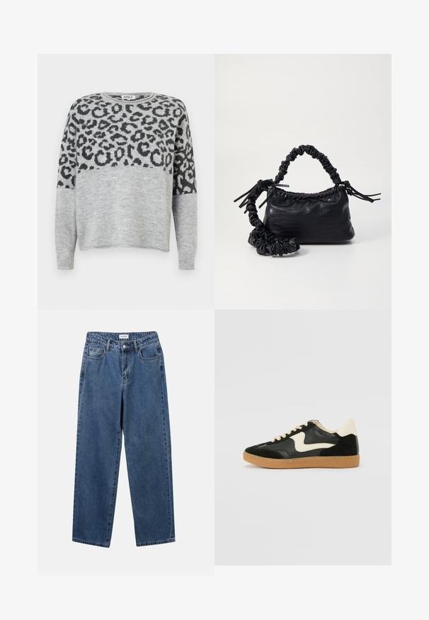 Pilkas megztinis su leopardų rašto dizainu tamsiai pilkoje spalvoje. Savybė - apvalus iškirpimas ir ilgomis rankovėmis, pagamintas iš švelnios, tekstūruotos medžiagos.; Klasikiniai mėlynos džinsinio audinio džinsai su tiesiomis kojomis, penkiomis kišenėmis ir mygtukų uždarymu. Pasižymi vidutiniu skalbimu ir tvirtu audiniu.; Juodos zomšo ir odos sportinės bateliai su kreminiu šoniniu swoosh ir šviesiai kreminiu kulnu. Ypatybės - smėlio spalvos raišteliai ir guminis padas.; Juodas dirbtinės odos rankinė su krokodilo tekstūra, sušnibždinta viršuje ir susikraipytu dirželiu. Atrodo minkšta ir kompaktiška.
