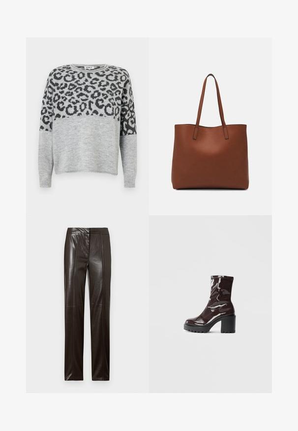 Sweater cinza com um design de padrão de leopardo em cinza escuro. Apresenta um decote redondo e mangas longas, confeccionado a partir de um material macio e texturizado.; Calças de couro de perna straight, castanho-escuro, com um acabamento suave e detalhes de costura subtil ao longo da frente.; Bota de tornozelo burgundy brilhante com um salto preto robusto, apresentando uma textura suave e um design simples. Sem fechos ou padrões visíveis.; Bolsa tote de couro castanho com uma textura suave, design de abertura superior e duas alças para o ombro. Apresenta costura mínima e sem hardware visível.
