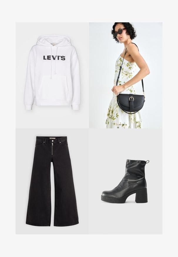 Levi's® ASH HOODIE - Sudadera - bright white; Jeans de pierna ancha en denim negro con cierre frontal, diseño de cinco bolsillos y detalles de costura sutiles. Textura suave y estilo casual.; Botines negros de tobillo, hechos de cuero suave, con cierre lateral, tacón grueso texturizado y diseño de punta redondeada.; Bolso de piel negra con forma curva, correa desmontable y herrajes dorados. El bolso cuenta con una solapa con un detalle de hebilla.