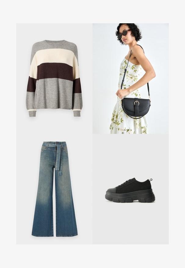 Pleteni pulover u sivoj, krem i burgund bojama. Ima rebrastu teksturu, okrugli izrez i duge rukave s detaljima manžeta.; Široke traperice s gradijentom od svijetloplave do tamnoplave, visokog struka, petljama za remen i remenom od istog materijala. Teksturirana traper tkanina.; Crne tenisice s debelim gumenenim potplatom, teksturiranim gornjim dijelom od tkanine, okruglim vrhom i dizajnom s vezicama. Imaju pojačane rupice za vezice i dodatak za povlačenje straga.; Crna kožna torba s lukovitim oblikom, odvojivim remenom i zlatnim detaljima. Torba ima preklop s kopčom.