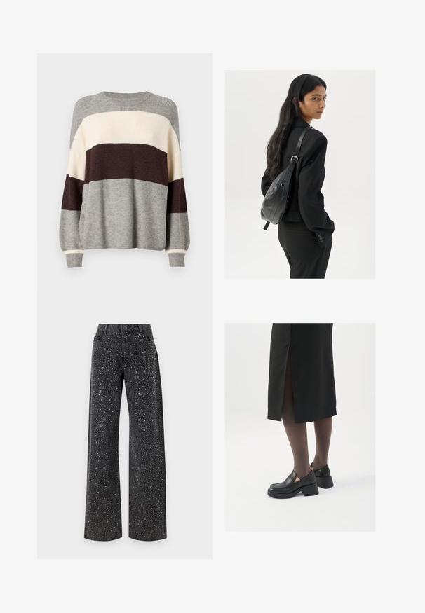 Halluxus kampsun halli, kreemi ja burgundi triipudega. Omab ribi tekstuuri, ringkaelust ja pikki varrukaid mansetti detailidega.; Noisy May NMJANNEL LOOSE - Avar lõikega teksad - black denim; Mustad mustad jalatsid ümmarguse varbaga, paksu plokkniidi ja elastsete külgdetailidega, kombineeritud tumedate sukkade ja musta lõhikuga seelikuga.; Pikkade tumehaired naine mustas ülikonnas, kandes musta nahast õlakotti, vaatab üle õla valge tausta taustal.