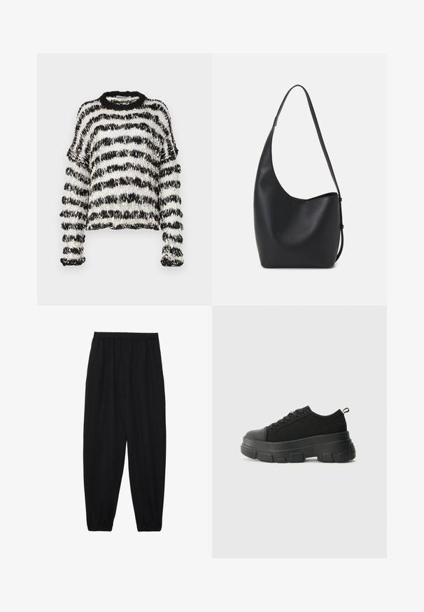 The Ragged Priest Jumper - black/white; Black, lightweight pants with an elastic waistband and gathered ankles. The fabric is smooth and features a relaxed, tapered design.; Black sneakers with a chunky rubber sole, textured fabric upper, round toe, and lace-up design. Features reinforced eyelets and back pull tab.; Black leather hobo bag with a smooth texture, curved shape, and single adjustable strap; features a wide opening at the top.