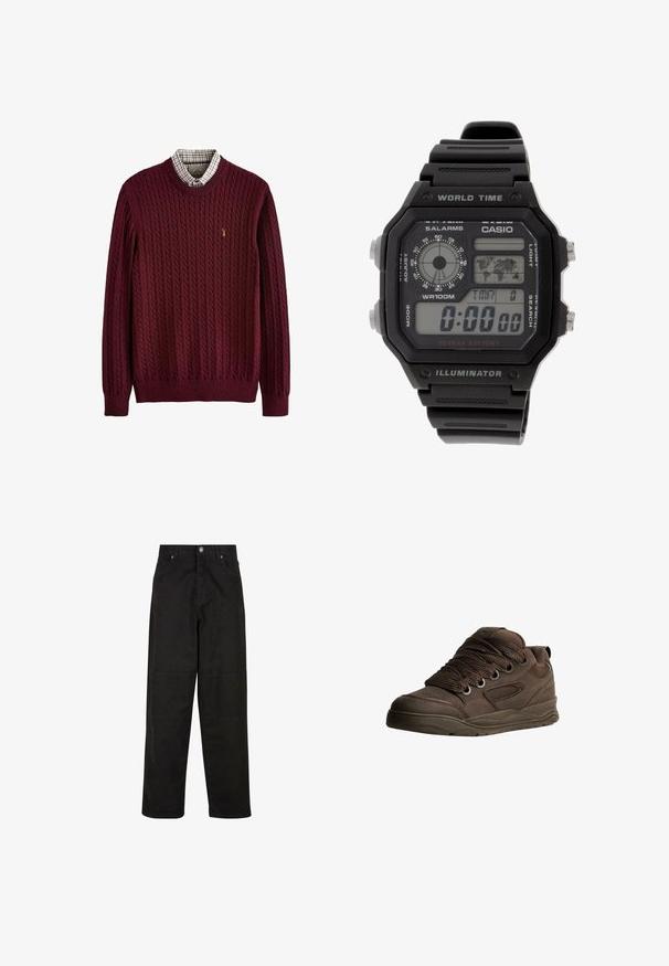 Burgundský svetr s pleteným vzorem a žebrovaným kulatým výstřihem, pod nímž se nachází kostkovaná košile, a malým logem na hrudi.; Černé široké bavlněné kalhoty s hladkým povrchem, které mají dvě přední kapsy, zapínání na knoflík a rovný střih.; Hnědé sportovní boty vyrobené z hladkého syntetického materiálu. Mají silné šňůrky, síťované detaily, polstrovaný límec a texturovanou gumovou podrážku.; Digitální hodinky s černým gumovým páskem, obdélníkovým pouzdrem a sklíčkem. Ukazují čas, světovou časovou mapu a mají tlačítka pro alarm a osvětlení.