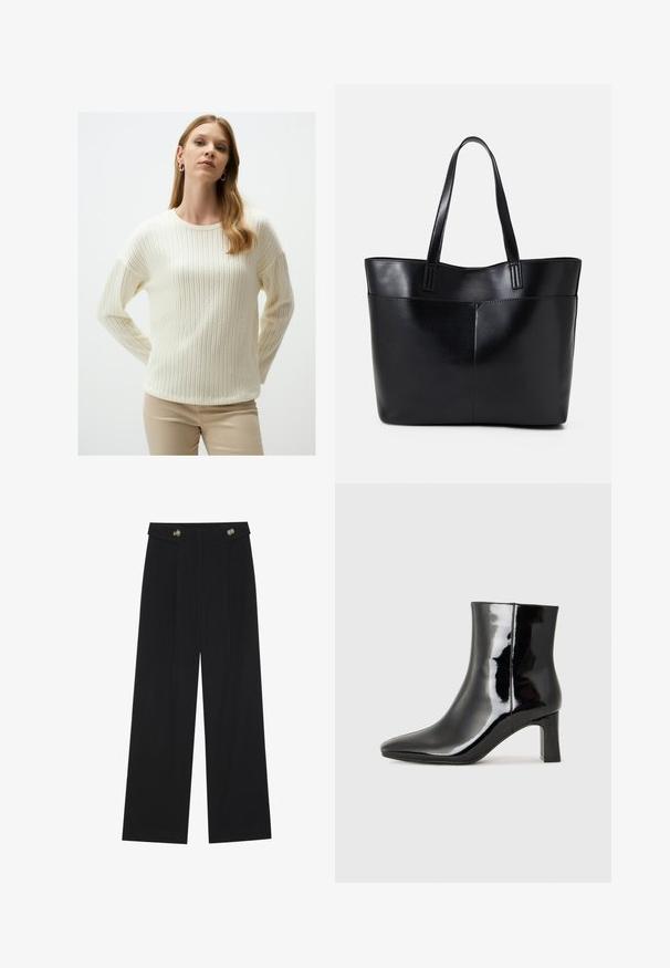 Jimmy Key PATTERNED - Pullover - ecru; Pantalons larges noirs à taille haute, avec des détails de boutons à la taille et des plis sur le devant.; Bottines en cuir verni noir avec un bout pointu et un talon block de hauteur moyenne. Texture lisse et design minimaliste.; Sac fourre-tout en cuir noir avec deux longues poignées, une texture lisse et une forme structurée. Dispose d'une poche avant pour un rangement supplémentaire.