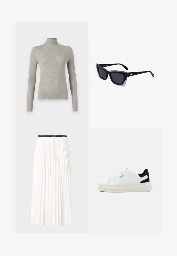 Lichtgrijze, geribde turtleneck trui met lange mouwen. Zachte textuur, getailleerd ontwerp, met een hoge hals en naadloze afwerking.; Plisséminirok in het wit met een zwarte elastische tailleband met het "LACOSTE"-logo. Middellange ontwerp met een zachte textuur.; Witte leren sneakers met een dikke witte zool, zwarte suède hielaccent en een geperst logo op de zijkant. Vetersluiting met zes oogjes.; Zwarte oversized zonnebril met een geometrische vorm, voorzien van donkere glazen en een contrasterend grijs detail op het montuur. Logo op de arm.