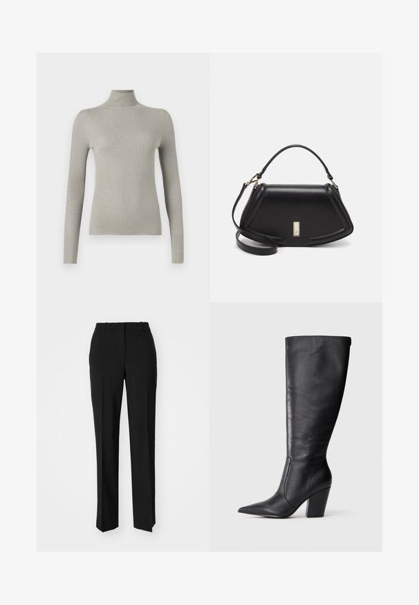 Svetlo siva, rebrasta turtleneck pulover s dolgimi rokavi. Mehak material, prilegajoč obliko, z visokim ovratnikom in brezšivnim zaključkom.; Črne krojene hlače s direktnim krojem, ki se ponašajo z gladko teksturo in ostrimi pregibi spredaj. Ni vidne kovine.; Črne usnjene škornje do kolen s koničastim nosom in debelim visokim peto, prikazane v levem bočnem profilu na beli podlagi.; Črna usnjena torbica s strukturnim dizajnom, ki ima skrajšano obliko, zgornji ročaj in zlate dodatke. Vključena je nastavljiva ramenska naramnica.