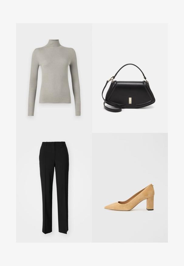 Lichtgrijze, geribde turtleneck trui met lange mouwen. Zachte textuur, getailleerd ontwerp, met een hoge hals en naadloze afwerking.; Zwarte op maat gemaakte broek met een recht model, voorzien van een soepele textuur en scherpe plooien aan de voorkant. Geen zichtbare hardware.; Beige suède hoge hakken met een spitse neus en een stevige blokhak. Het materiaal heeft een zachte textuur met een gladde afwerking.; Zwarte leren handtas met een gestructureerd ontwerp, featuring een verkorte vorm, bovenhandvat en gouden hardwareaccent. Inclusief verstelbare schouderband.