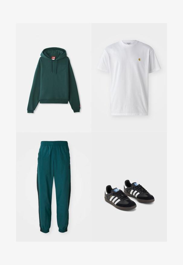 Zelená mikina s kapucňou vyrobená z mäkkého materiálu, s klokankovou kapsou, rebrovanými manžetami a značkovou nášivkou na výstrihu.; Biele bavlnené tričko s krátkymi rukávmi, okrúhlym výstrihom, s malým zlatým logom na ľavej strane hrude. Mäkká textúra a normálny strih.; Tyrkysové športové nohavice s viazaním v páse, elastickými manžetami a bočnými čiernymi pruhmi. Vyrobené z ľahkej tkaniny, s logom blízko bedra.; Čierne tenisky so zvrškom z semišu a syntetického materiálu, s tromi bielymi pruhmi, štruktúrovanou gumovou podrážkou a modrou logovou etiketou na jazyku.