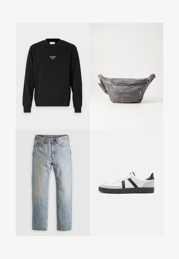 Czarny sweatshirt wykonany z mieszanki bawełny, z okrągłym dekoltem, ściągaczami przy mankietach oraz małym białym napisem na piersi. Gładka faktura.; Jasnoniebieskie dżinsy z wysokim stanem, z guzikiem z przodu, zamkiem błyskawicznym i pięcioma kieszeniami, ułożone na płasko na neutralnym tle.; Białe sneakersy z czarnymi i szarymi akcentami, z teksturowanym szarym czubkiem, czarną gumową podeszwą i płaskimi białymi sznurowadłami. Czysty design, minimalistyczny styl.; Szara zamszowa saszetka biodrowa o zaokrąglonym kształcie, z dwoma zasuwanymi komorami i regulowanym paskiem. Wyróżnia się metalowymi akcentami.