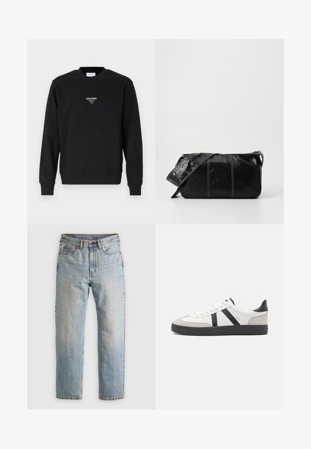Zwarte sweatshirt van katoenmix, met een ronde hals, ribben aan de mouwen en een klein wit logo-tekst op de borst. Glad textuur.; Lichtblauwe denim jeans met hoge taille, frontknop, rits en vijfzakkenontwerp, plat gelegd op een neutrale achtergrond.; Witte sneaker met zwarte en grijze accenten, voorzien van een grijze neus met textuur, zwarte rubberen zool en platte witte veters. Schoon ontwerp, minimalistische stijl.; Zwarte leren schoudertas met een ritsluiting, voorzien van een gestructureerd lichaam, witte stiksels en een band met zilveren oogjes.