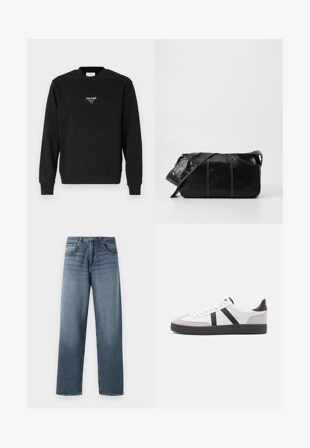 Schwarzer Sweatshirt aus Baumwollmischung, mit Rundhalsausschnitt, gerippten Säumen und kleinem weißen Logo-Text auf der Brust. Glatte Textur.; Gerade geschnittene blaue Jeans aus Denim mit gewaschenem Finish, ausgestattet mit einem Fünf-Taschen-Design, Metallknopf und Gürtelschlaufen. Robustes, mittelschweres Material.; Weiße Sneaker mit schwarz- und grau-aczenten, ausgestattet mit einer strukturierten grauen Zehenkappe, schwarzer Gummi-Sohle und flachen weißen Schnürsenkeln. Sauberes Design, minimalistische Stil.; Schwarze Leder Schultertasche mit Reißverschluss, ausgestattet mit einer strukturierten Oberfläche, weißen Nähten und einem Tragegurt mit silbernen Ösen.