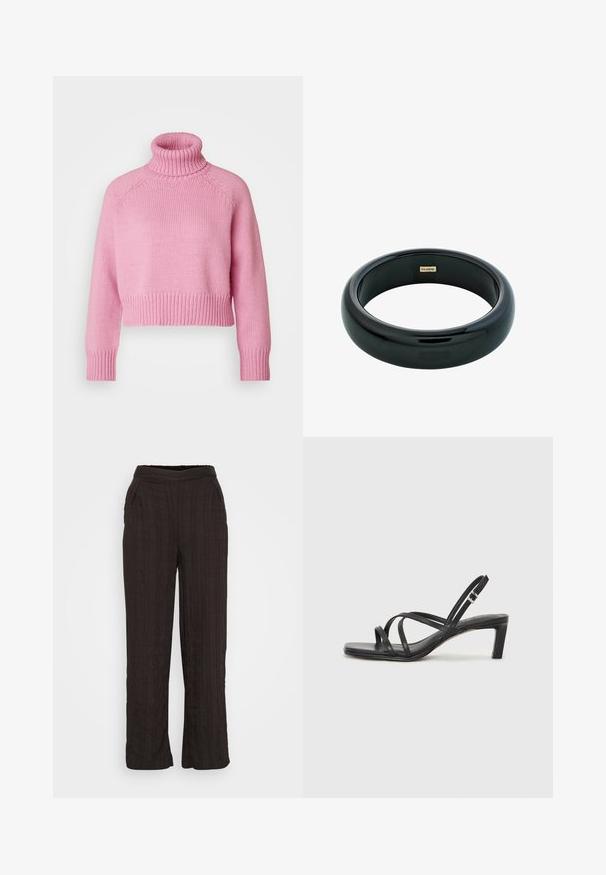 Vero Moda Petite VMMIRANDA - Džemper - fuchsia pink; Mustad laiad püksid, valmistatud tekstureeritud kangast, plekitud disainiga. Omab elastset vööd ja küljetaskuid.; Mustast rihmajalatsid ruudukujulise varba ja madala ploki kontsaga. Omab mitmeid õhukesi rihmasid ja reguleeritavat pahkluu rihma. Valmistatud siledast nahast.; Must maagussõrmus mustast vaigust, mille pind on sile ja läikiv ning servad ümarad. Sisel küljel on väike kullavärvi "Pilgrim" logo.