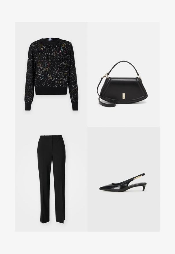 Black sweater featuring a starry pattern of multicolored dots and stitched designs, with ribbed cuffs and waistband.; Black tailored trousers with a straight-leg design, featuring a smooth texture and crisp creases along the front. No visible hardware.; Black leather slingback heels with a pointed toe, featuring a slim heel and a gold-tone accent on the adjustable strap. Smooth texture.; Black leather handbag with a structured design, featuring a cropped shape, top handle, and gold hardware accent. Adjustable shoulder strap included.