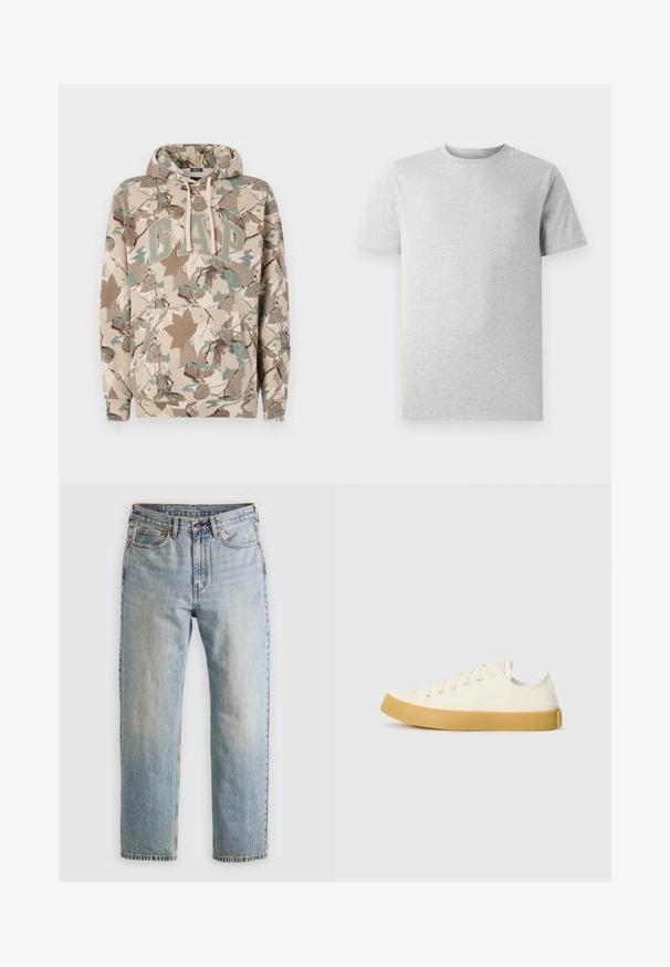 Beige hoodie med et camouflage bladmønster, med et stort "GAP" logo i grønt og en frontlomme. Lavet af blødt, tekstureret stof.; En simpel lys grå kortærmet T-shirt med rund hals, vist på en hvid baggrund, set foran uden synlige logoer eller designs.; Lysblå denim jeans med høj talje, frontknap, lynlås og fem-lomme design, lagt fladt på en neutral baggrund.; Læder sneakers i off-white med rund tå, der har beige gummisåler og fem øjer til snørebånd, struktureret finish på overdelen.