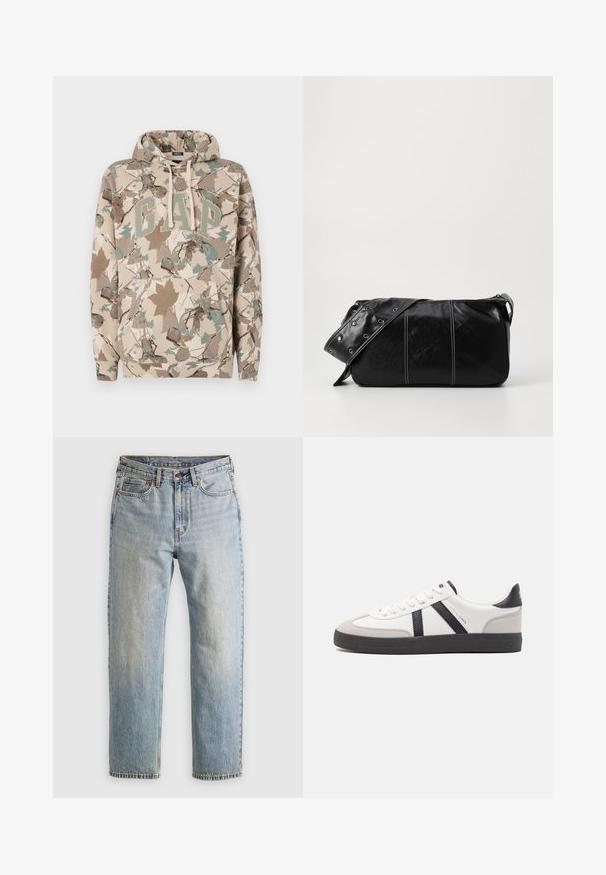 Beige hoodie med et camouflage bladmønster, med et stort "GAP" logo i grønt og en frontlomme. Lavet af blødt, tekstureret stof.; Lysblå denim jeans med høj talje, frontknap, lynlås og fem-lomme design, lagt fladt på en neutral baggrund.; Hvide sneakers med sorte og grå detaljer, med en tekstureret grå tåhætte, sort gummisål og flade hvide snørebånd. Rent design, minimalistisk stil.; Sort læder skuldertaske med lynlås, der har en tekstureret overflade, hvid syning og en rem med sølvøskner.