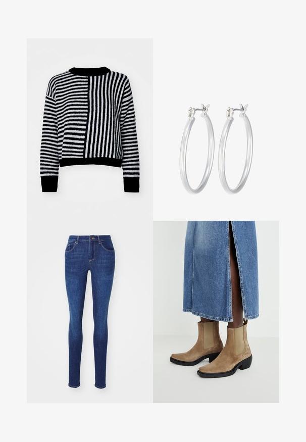 Melnbaltā svītru džemperis ar contrastējošām horizontālām un vertikālām svītrām, apaļu dekoltē un ribota apakšmalu un piedurknēm.; Šauri džinsi, kas izgatavoti no tumši zila denima ar gludu tekstūru, ir pieci kabatas, jostasvieta ar jostu cilpiņām un priekšpuses aizdare.; Mīksti zamšādas potītes zābaki brūnā krāsā ar elastīgām sānu paneļiem un melnu blokveida papēdi. Valkāti ar gaiši zilām džinsi svārkiem, kas ietver sānu šķēlumu.; Sudraba riņķveida auss gredzeni ar gludu, pulētu apdari. Apaļa forma un drošs klikšķa augšējais slēgums. Viegls dizains, kas piemērots ikdienas valkāšanai.