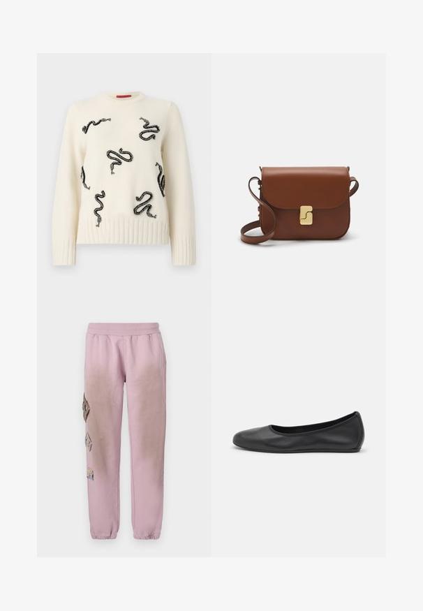 Krémový sveter s čiernymi perličkovými motívmi hadov po celom povrchu. Rybkované zakončenie a manžety pridávajú textúru; okrúhly výstrih. Mäkko pletený materiál.; Biela krátka tričko s krátkymi rukávmi vyrobené z rebrovanej látky. Klasický okrúhly výstrih, bežný strih a jemné švy. Bez vzorov alebo grafiky.; Ružové tepláky s elastickým pásom, s ozdobnými nášivkami v tvare diamantu na ľavej strane a elastickými manžetami na členkoch.; Čierne kožené baleríny s okrúhlou špičkou, hladkým povrchom, minimálnym prešívaním a flexibilným dizajnom podrážky.; Hnedá kožená kabelka s klopou, zlatými kovovými prvkami, ramenným popruhom a hladkým povrchom. Kompaktný obdĺžnikový tvar.