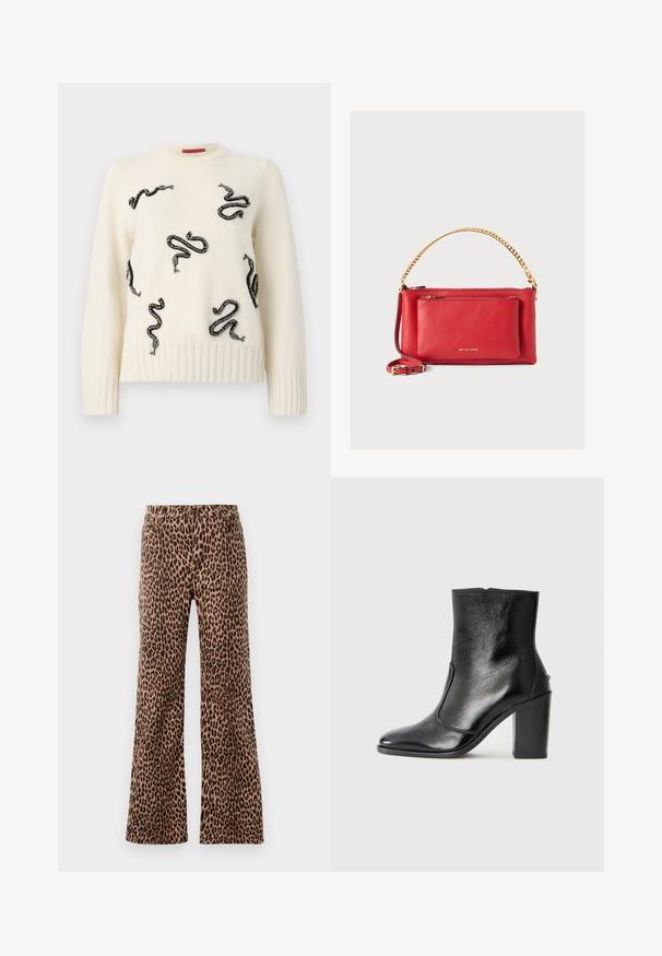 Pull en crème avec des motifs de serpents en perles noires sur l'ensemble. Ourlets et poignets côtelés ajoutent de la texture ; col rond. Matière en maille douce.; Pantalons larges à imprimé léopard beige et noir, avec une texture lisse et un ourlet ajusté. Conception avec une taille standard et des poches.; Bottine en cuir noir, avec une texture lisse, un bout pointu et un talon chunky haut. Présente une ouverture sur le côté et un design minimaliste.; Sac à main en cuir rouge avec une finition texturée, chaîne et sangle dorées, poche zippée avant et logo en relief. Design compact et structuré.