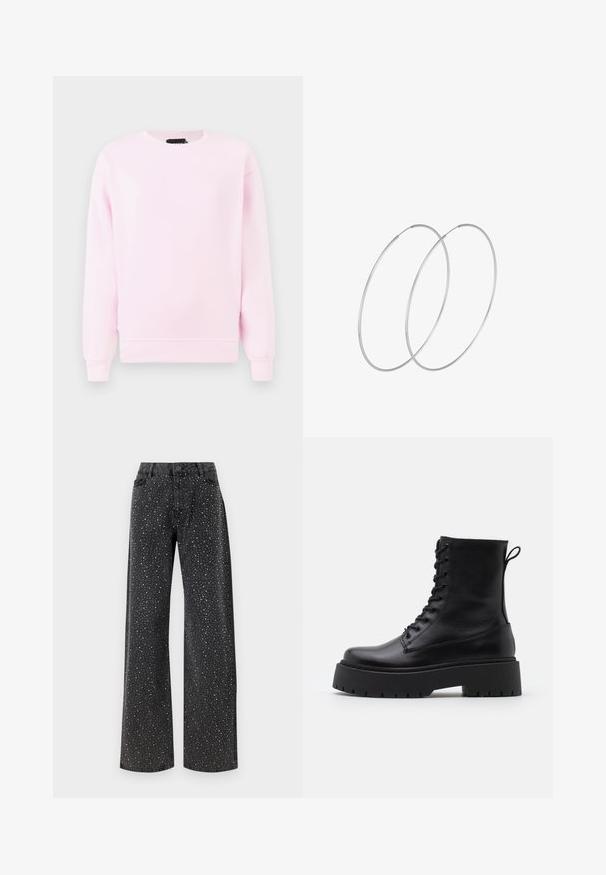 Felpa rosa chiaro con collo a giro, maniche lunghe, polsini a costine e vestibilità regolare. Texture liscia, senza motivi o grafiche.; Noisy May NMJANNEL LOOSE - Jeans baggy - black denim; Stivaletti in pelle nera alla caviglia con punta rotonda, lace-up frontale e suola in gomma spessa con battistrada textured. Tassello sul retro.; Orecchini a cerchio in argento con un design minimalista. Forma circolare, superficie liscia e profilo sottile. Leggeri con una finitura lucida.