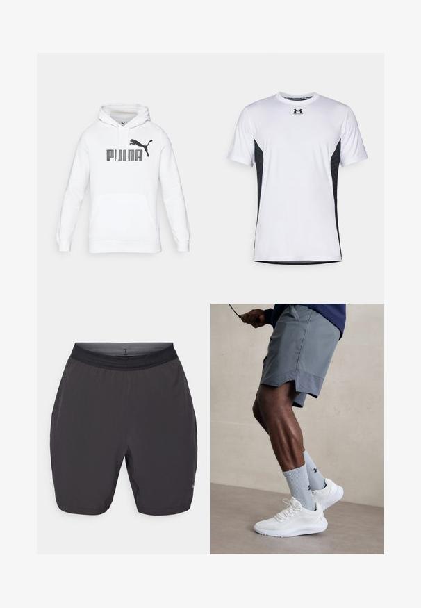 Hanorac alb cu buzunar tip kenguru, având un mare logo negru "PUMA" și o siluetă de puma pe față. Textură a materialului moale.; Under Armour CHALLENGER PRO SS - Bluză sport - white/black; Șorturi atletice gri, realizate dintr-un material ușor. Au un talie elastică, buzunare laterale și o textură netedă. Fără modele vizibile.; Încălțăminte sport albă cu partea superioară din plasă texturată, asociată cu șosete ribbate de culoare bleu deschis care au un logo. Şorturi sportive gri cu margine perforată.