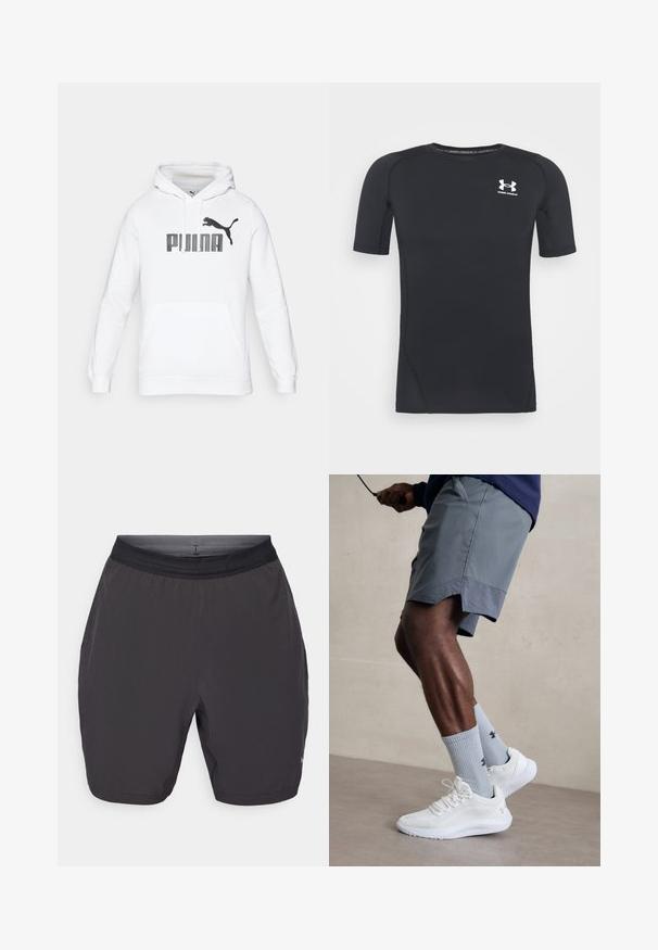 Witte hoodie met een kangoeroezak, voorzien van een groot zwart "PUMA" logo en een poema-silhouet aan de voorkant. Zachte stoftextuur.; Zwart sportshirt met korte mouwen, gemaakt van vochtafvoerend, rekbaar materiaal. Heeft een ronde halslijn en een klein wit logo op de borst.; Grijze sportshorts van lichtgewicht stof. Voorzien van een elastische tailleband, zijzakken en een gladde textuur. Geen zichtbare patronen.; Witte sportschoenen met een textuur van gaas aan de bovenkant, gecombineerd met lichtblauwe geribde sokken met een logo. Grijze sportshorts met geperforeerde accent.