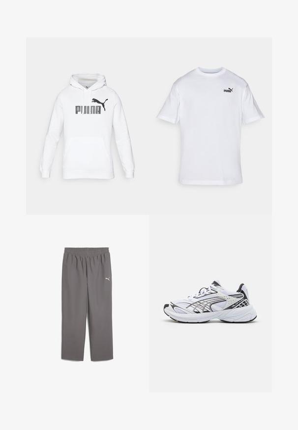 Sudadera blanca con bolsillo canguro, que presenta un gran logo negro de "PUMA" y la silueta de un puma en la parte delantera. Textura de tela suave.; Camiseta de algodón blanca con mangas cortas, que presenta un logo negro de Puma en el lado izquierdo del pecho. Cuello redondo, ajuste estándar, textura suave.; Pantalones deportivos grises con cinturilla elástica, hechos de una tela ligera. Presenta un pequeño logo blanco en la pierna izquierda.; Zapatilla deportiva blanca con detalles negros. Parte superior de malla y sintético, suela gruesa y diseño curvado. Cuenta con cordones en la parte delantera y detalles del logo.