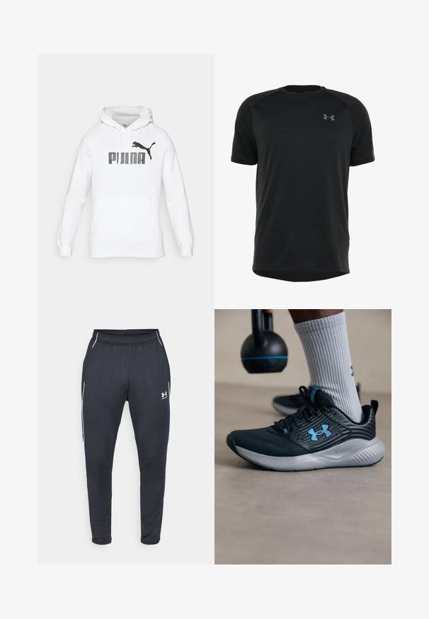 White hoodie with a kangaroo pocket, featuring a large black "PUMA" logo and a puma silhouette on the front. Soft fabric texture.; Black short-sleeve athletic shirt made of smooth, lightweight fabric. Features a rounded neckline and discreet logo on the chest.; Black athletic pants made of smooth fabric, featuring an elastic waistband, tapered legs, and white side stripes. Includes an Under Armour logo.; Black athletic shoe with blue accents, textured upper, and gray sole. Worn with gray ribbed socks, beside a black kettlebell.