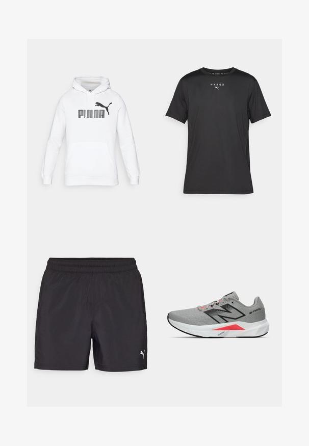 Balta su gobtuvu ir kengūros kišenė, ant priekinės dalies yra didelis juodas "PUMA" logotipas ir pumos siluetas. Minkšta medžiagos tekstūra.; Juodas trumpomis rankovėmis sportinis marškinėlis, pagamintas iš lengvos medžiagos. Suapvalintas kaklas ir spausdintas "HYROX" logotipas su Puma emblema priekyje.; Juodos sportinės šortai su elastinga juosta, pagaminti iš lengvos medžiagos, su mažu baltu logotipu apatinėje pusėje.; Pilkas sportinis batelis su tekstūruotu tinklo viršumi, juodais akcentais, rožiniais akcentais ir baltu paminkštintu padu, kuris pasižymi išskirtiniu trikampio dizainu.