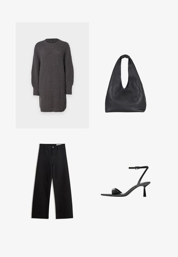 Dunkelgraues, gestricktes Kleid mit Rundhalsausschnitt, langen Ärmeln, gerippten Details und einer lockeren Passform. Weiche Textur mit dicker Maschenstruktur.; Schwarze weit geschnittene Jeans mit hoher Taille, ausgestattet mit Vorder- und Hintertaschen, gesteppten Nähten und einem Knopfverschluss. Glatte Textur.; Bershka High Heel Sandalette - black; Schwarze Leder-Hobo-Tasche mit einem lässigen Design, das einen gerafften oberen Griff, Seitennähte und eine glatte, strukturierte Oberfläche aufweist.