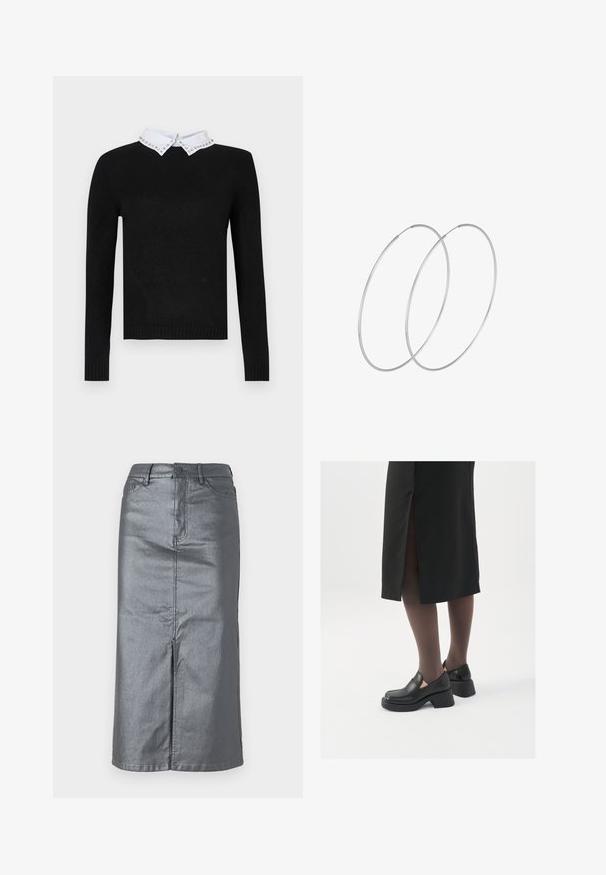 Maglione nero con maniche lunghe e colletto bianco decorato con accenti di gioielli. Polsini e orlo a coste, realizzato in morbido materiale a maglia.; Gonna di jeans grigia metallica con una forma dritta, spacco frontale, design a cinque tasche e chiusura con bottone in vita. Le cuciture piatte sono visibili.; Scarpe in pelle nera con punta arrotondata, tacco spesso a blocco e accenti laterali in elastico, abbinate a collant scuri e una gonna nera con uno spacco.; Orecchini a cerchio in argento con un design minimalista. Forma circolare, superficie liscia e profilo sottile. Leggeri con una finitura lucida.