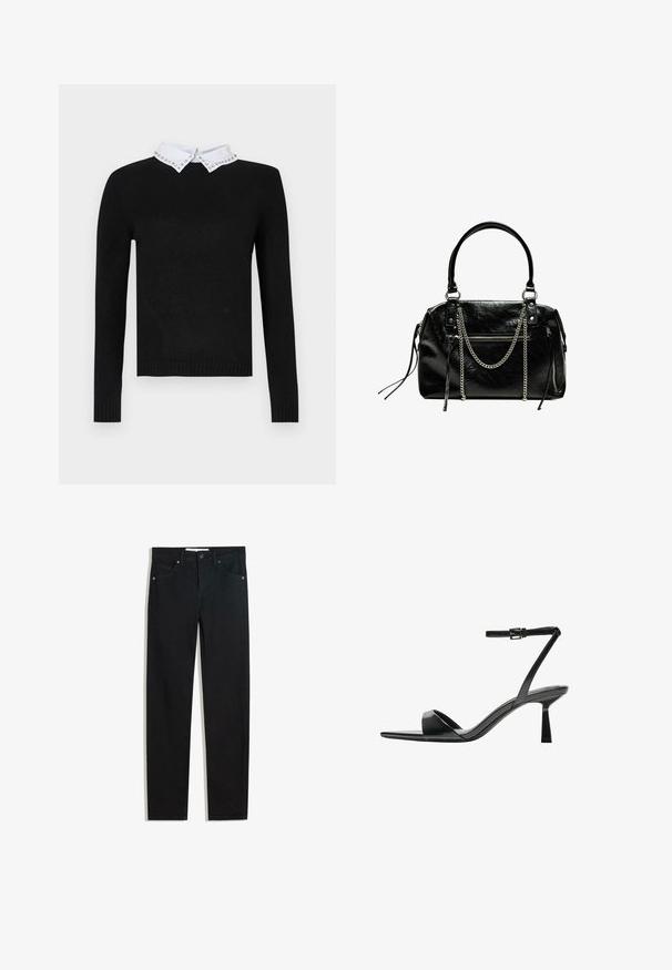 Pulover negru cu mâneci lungi și o guler alb împodobit cu accente de bijuterii. Manșetele și tivul sunt ribbate, realizat dintr-un material tricotat moale.; Pantaloni din denim negri cu un design drept, cinci buzunare, închidere cu nasture metalic și detalii subtile de cusătură. Textură netedă.; Bershka Sandale cu toc - black; Bershka WITH CHAIN - Geantă de mână - black