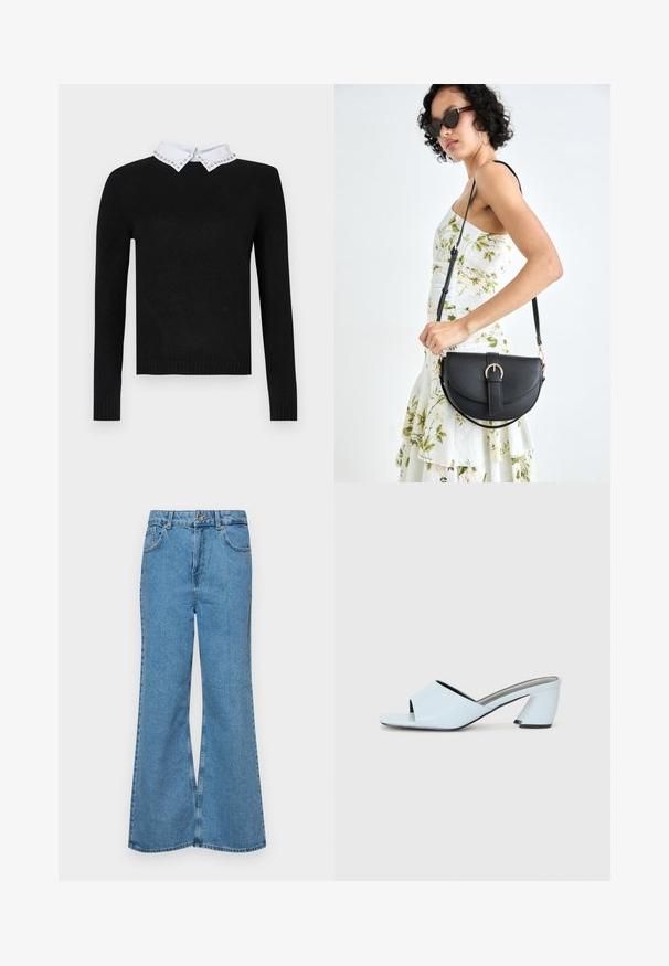 Čierny sveter s dlhými rukávmi a bielym golierom zdobeným klenotmi. Rúčky a spodný lem sú rebrované, vyrobený z mäkkého pleteného materiálu.; Svetlomodré rozšírené džínsy vyrobené z denimu, s vysokým pásom, piatimi vreckami a jednopoložkovým zapínaním na gombík. Mäkká textúra s vyblednutým povrchom.; Svetlomodré otvorené štýlové sandále na vysokom opätku s geometrickým dizajnom, s širokým pásom cez nohu a masívnym, ostrým opätkom.; Čierna kožená kabelka s zaobleným tvarom, odnímateľným popruhom a zlatými doplnkami. Kabelka má klopu s detailom s prackou.
