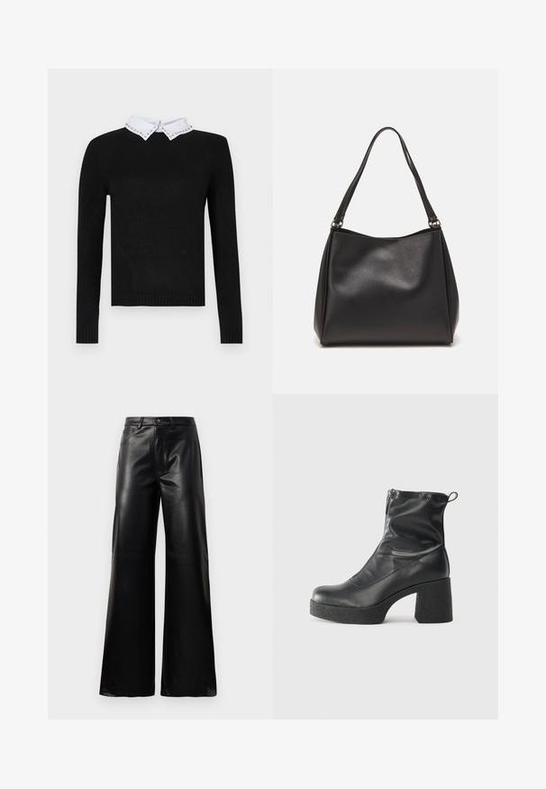 Svart genser med lange ermer og en hvit krage dekorert med juveler. Ribbestrikkede mansjetter og nedre kant, laget av mykt strikket materiale.; Sorte høy midje vide ben bukser i imitert skinn med knapp foran, glidelås, beltehemper og sidelommer på hvit bakgrunn.; Svarte ankelstøvler laget av glatt lær, med glidelås på siden, chunky strukturert hæl, og rund tå-design.; Svart syntetisk lærveske med myk tekstur, hobo-form og doble skulderstropper; har en blank overflate og minimalistisk design.
