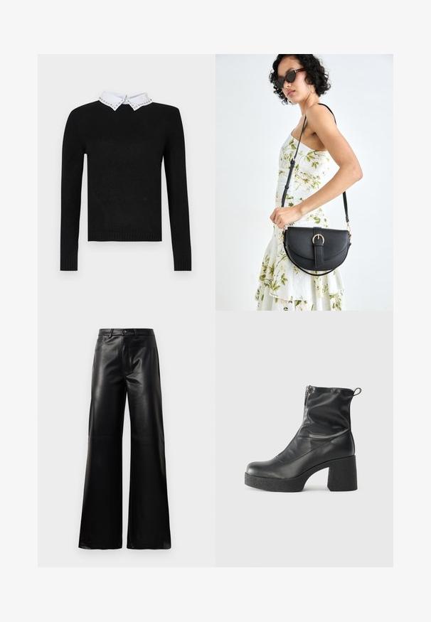 Crna džamper s dugim rukavima i bijelom kragnom ukrašenom draguljima. Pletiva na manžetama i rubu, izrađena od mekog pletiva.; Crne visoke široke hlače od umjetne kože s prednjim gumbom, zatvaranjem na zip, petljama za pojas i bočnim džepovima na bijeloj pozadini.; Crne gležnjače od glatke kože, s bočnim zatvaračem, debelim teksturiranim potplatom i dizajnom s zaobljenim prstima.; Crna kožna torba s lukovitim oblikom, odvojivim remenom i zlatnim detaljima. Torba ima preklop s kopčom.