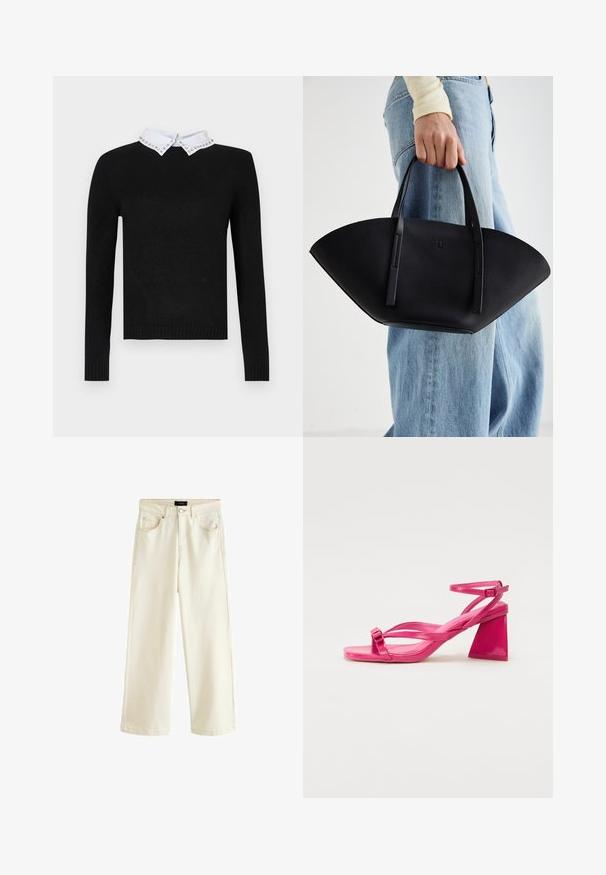 Juodas megztinis su ilgomis rankovėmis ir baltu apykakle, puoštais brangakmenių akcentais. Su raštuotomis apykaklėmis ir apačia, pagamintas iš švelnaus mezginio medžiagos.; Plati kojinės kelnės iš šviesiai bežinio džinsinio audinio, su mygtuko uždarymu, penkiomis kišenėmis ir lygiu paviršiumi. Paprastas ir šiuolaikiškas dizainas.; Rožinės patento odos basutės ant kulno su ketvirčio formos nosimi, siaurais dirželiiais ir geometriniu bloko kulnu. Dirželyje yra sagties detalė.; Juodas odinis rankinis uždangalas unikaliu ventiliatoriaus formos dizainu, turintis plokščias rankenas. Paviršius turi akmeninė tekstūrą ir minimalistišką dizainą.