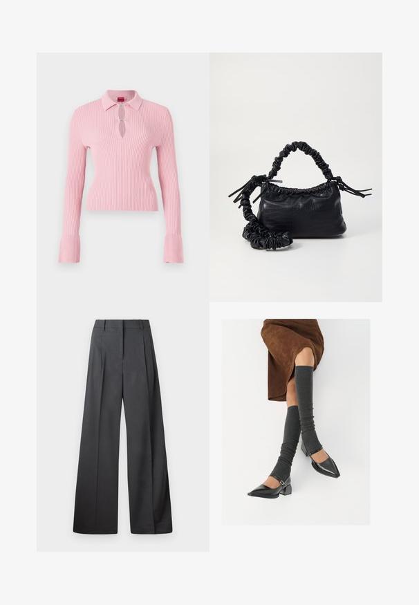 Rozā ribota garās piedurknes krekls ar polo apkakli, atslēgas caurumu un sudraba pogu akcentiem. Piedurkņu aproces ir ar platāku ribotu dizainu.; Platās kājas bikses tumši pelēkā audumā, ar augstu jostasvietu, ar vienu uzpūstu vīli un gludu tekstūru ar tīru apdari ap malām.; Melnas laka ādas apavi ar norādītu purngalu, blokveida papēdi un potīšu jostu, saskaņoti ar pelēkām ribotām kāju sildītājām un brūnu zamšādas svārku.; Melnā mākslīgās ādas rokassoma ar krokodila rakstu, savilkta augšdaļa un saburzīta siksna. Izskatās mīksta un kompakta pēc dizaina.