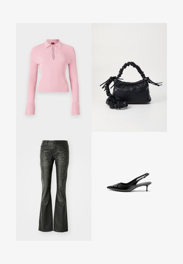 Pink ribbed long-sleeve top with a polo collar, keyhole cutout, and silver button accents. Sleeve cuffs feature a wider ribbed design.; Black faux leather flared jeans with front pockets, a metal button closure, and a slightly textured surface. Straight leg with a long cut.; Black leather slingback heels with a pointed toe, small kitten heel, and a decorative knot detail on the front. Smooth texture throughout.; Black faux leather handbag with a crocodile texture, cinched top, and a scrunched strap. Appears soft and compact in design.