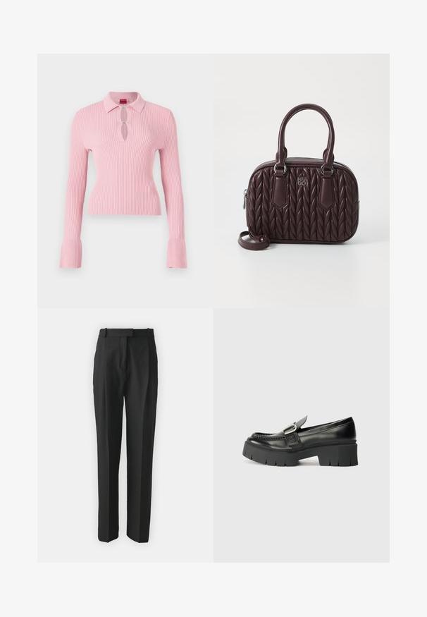 Roosa soonik pika varrukaga, millel on polo krae, ava lõikega ja hõbedased nööpide detailid. Varrukate ääred on laiema ribaga disainiga.; Mustad kohandatud mustad püksid kergest kangast, sirge lõikega, lamedate esiosadega ja vöökohaga. Sile tekstuur ilma nähtavate mustriteta.; Mustad mustad nahast loafers pakuvad tugevat kummitalda. Omavad klambri aktsenti ja õmblustega detaili üleval. Lame kand.; Burgundia nahast käsipagas, millel on tikandimuster, kahefooline ülemine käepide ja eemaldatav rihm. Omab hõbedast tooni riistvara ja mulje loov logo.