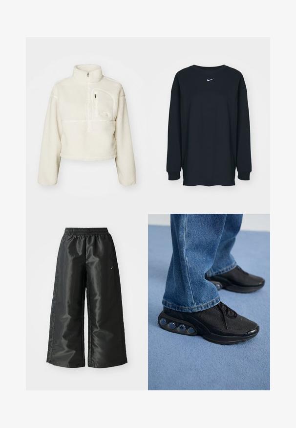 Damen cropped weißer Fleece-Pullover mit hohem Kragen, halbem Reißverschluss und einer Reißverschlusstasche auf der linken Seite.; Schwarzes Langarm-T-Shirt aus Baumwolle mit Rundhalsausschnitt. Mit weißem Nike-Logo auf der Brust. Weiche Textur, simples Design.; Schwarze Sporthose aus glänzendem, glattem Stoff, mit einem elastischen Bund, weitem Bein und einem kleinen Logo auf der linken Seite.; Schwarze sportschuhe mit atmungsaktivem Mesh-Obermaterial, strukturierten Akzenten und sichtbaren Luftpolstern in der Sohle. Getragen mit blauen Jeans.