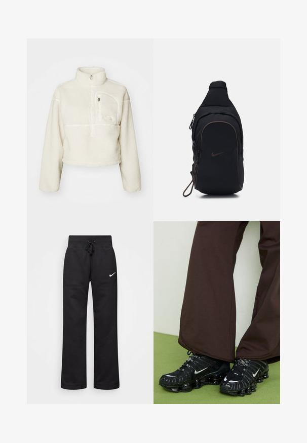 Pullover branco de fleece cropped para mulheres, com gola alta, fecho de meio e bolso com ziper no lado esquerdo do peito.; Calças de moletão pretas feitas de uma mistura de algodão, com um cós elástico ajustável, pernas retas e um logo da Nike branco no lado esquerdo.; Sapatilhas Nike pretas com um cabedal texturizado, detalhes refletivos e uma sola robusta, combinadas com calças largas castanhas num chão verde.; Mochila Nike preta com uma única alça, apresentando um compartimento principal com fecho, bolso frontal e detalhes castanhos nos fechos e no logo.