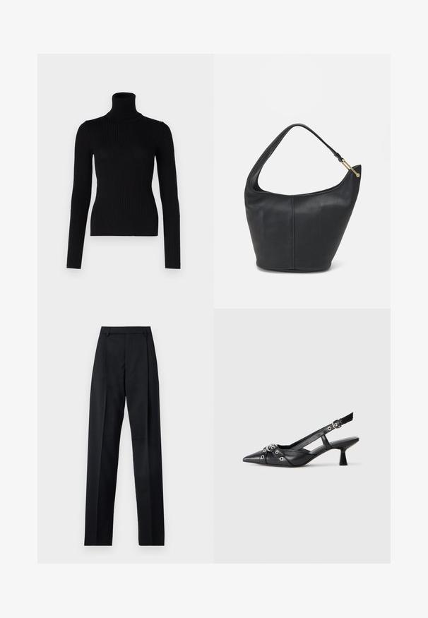 Black ribbed turtleneck sweater with long sleeves and a fitted silhouette. The texture is soft with a subtle pattern from the ribbing.; Black trousers made from smooth fabric featuring a high waist, wide legs, front pleats, and classic belt loops. No side pockets visible.; Black leather slingback shoe with a pointed toe, decorative straps featuring metal eyelets, and a low block heel. Textured surface.; Black leather handbag with a rounded shape, a wide strap, and a textured finish. Features a subtle seam detail and a gold-tone hardware accent.