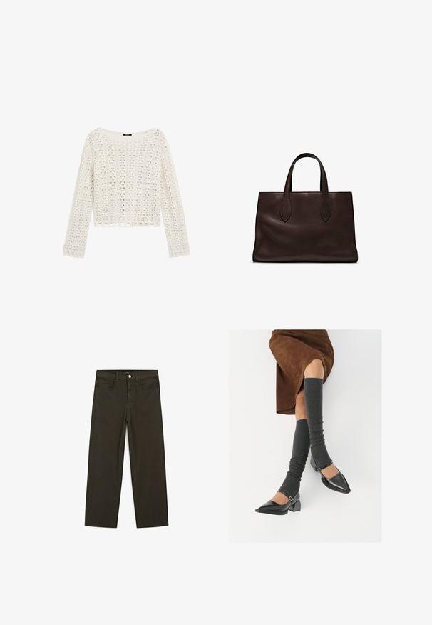 Crochet knit sweater in cream with a loose fit, long sleeves, and a scalloped hem. Features open weaved patterns for breathable texture.; Dark green wide-leg jeans made of cotton blend, featuring a front button closure, five pockets, and classic denim stitching.; Black patent leather pointed-toe shoes with a block heel and ankle strap, paired with gray ribbed leg warmers and a brown suede skirt.; Brown leather tote bag with two elongated handles, structured rectangular shape, smooth texture, and subtle stitching details.