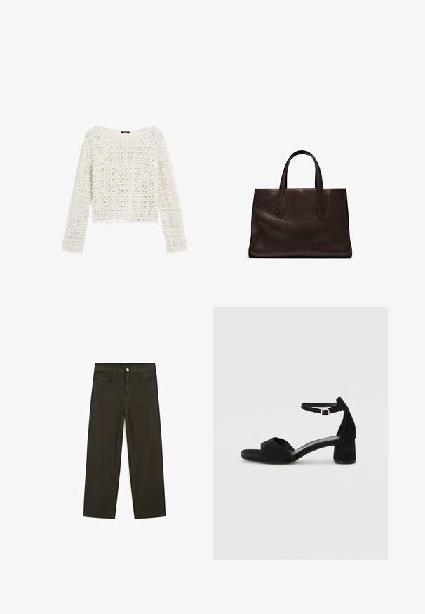 Háčkovaný pletený svetr v krémové barvě s volným střihem, dlouhými rukávy a zvlněným lemem. Obsahuje otevřené vzory pro prodyšnou strukturu.; Tmavě zelené široké džínsy vyrobené z bavlněné směsi, s předním zapínáním na knoflík, pěti kapsami a klasickým denimovým stehem.; Černé sametové sandály na podpatku s tenkým řemínkem kolem kotníku, otevřenou špičkou a skromným blokovým podpatkem. Hladká textura a minimální akcenty.; Hnědá kožená taška přes rameno s dvěma dlouhými uchy, strukturální obdélníkový tvar, hladká textura a jemné švy.